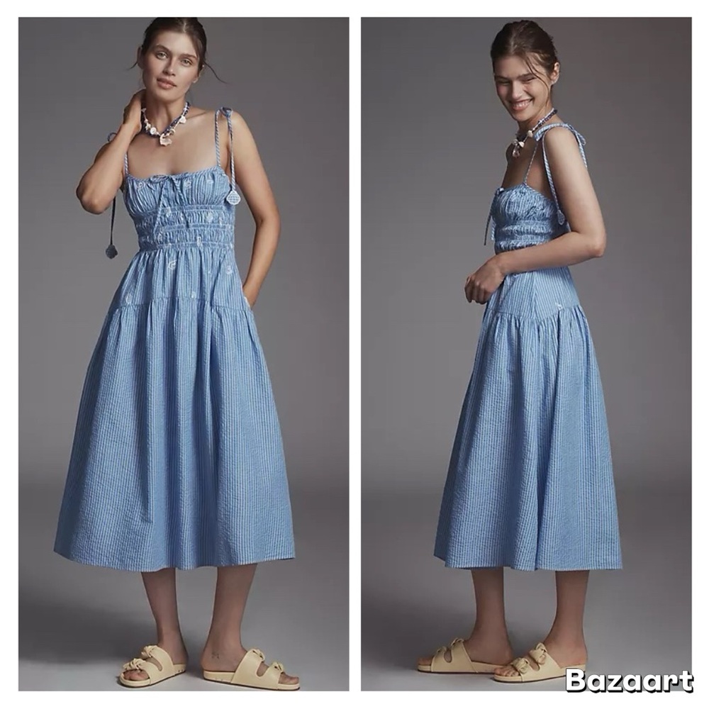 Anthropologie x En Saison Amelie Smocked Midi Dress Sz L NWT
